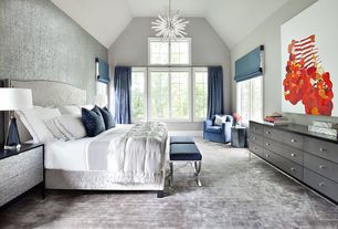 Transitional Master Bedroom with Carpet, Hotel Classic Sheet Set, Custom Curtains in Mrs. Peacock Labyrinth by Donghia