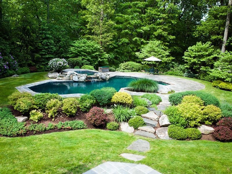 Rustic Swimming Pool with Pathway & Pool with hot tub in New Canaan, CT ...