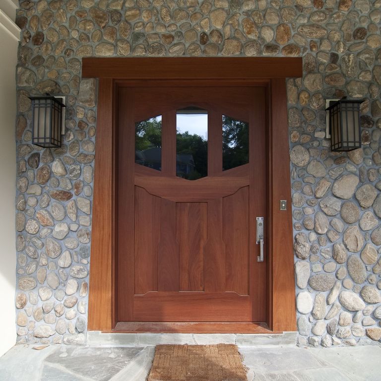 Craftsman Front Door with River rock & Glass panel door Zillow Digs