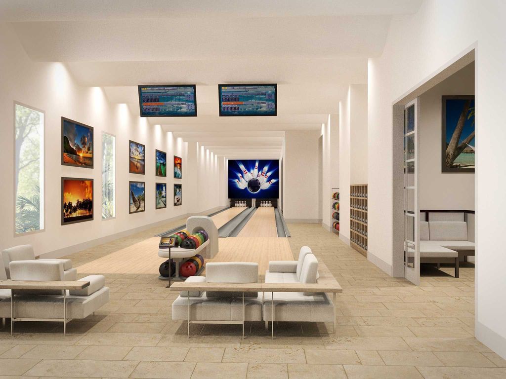 Contemporary Game Room with Bowling alley & Bowling ball return