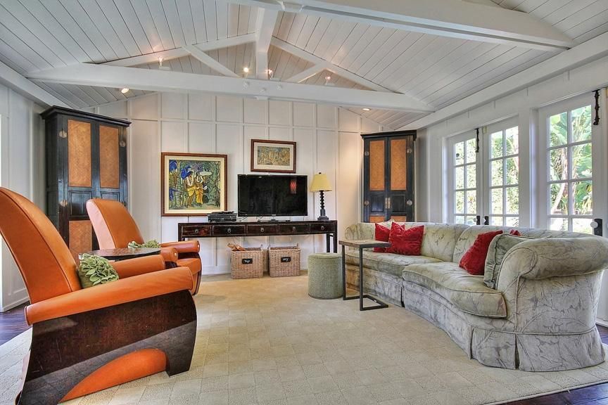 Cottage Living Room with flush light & painted beam ceiling in SANTA ... Cottage Living Room with flush light & painted beam ceiling in SANTA ...