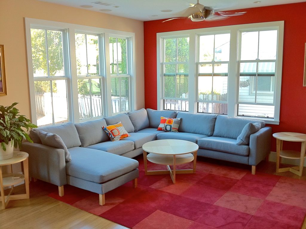 Modern Living Room With Ceiling Fan By Neal A Pann Architect Modern Living Room With Ikea Karlstad Modular Sofa Vejmon Side Table Ceiling Fan