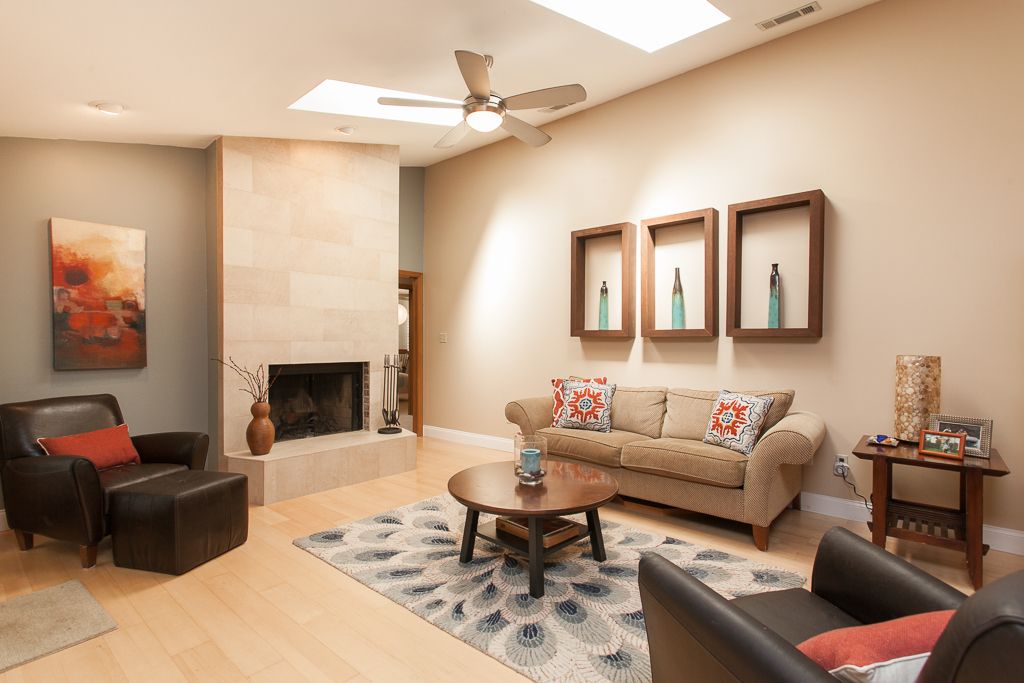 Contemporary Living Room with Ceiling fan & Hardwood floors in Winter