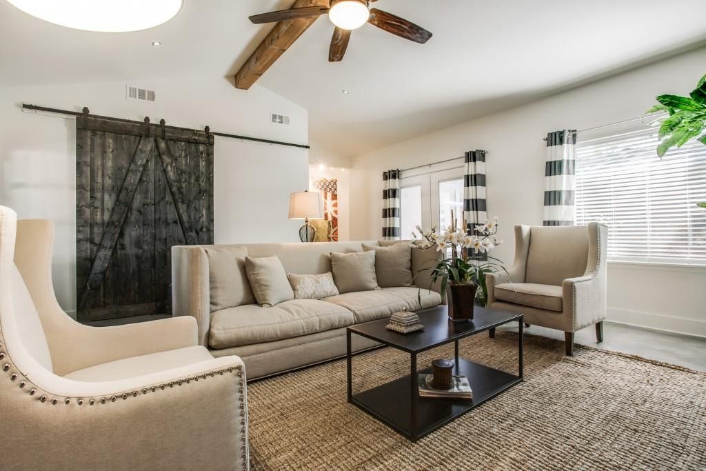 Living Room With Exposed Beam Limestone Floors In Dallas Tx Transitional Living Room With Monte Carlo Fan Company 5di52 52 In Discus Ceiling