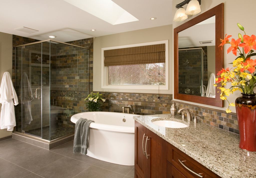 Craftsman Master Bathroom with Flat panel by