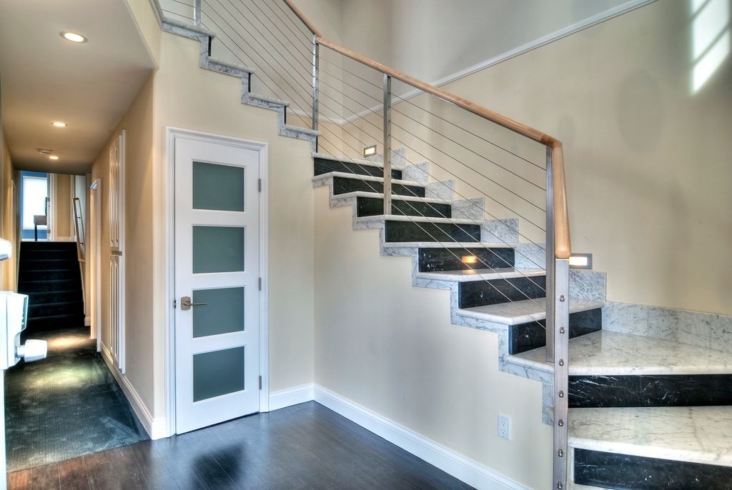 Chair Rail Kit Part - 29: Contemporary Staircase With Chair Rail, Wall Sconce, CableRail 40 Ft. Stainless Steel Assembly
