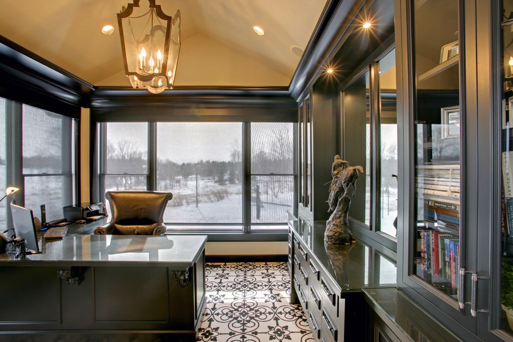 Traditional Home Office with Chandelier by Woodstone Renovation