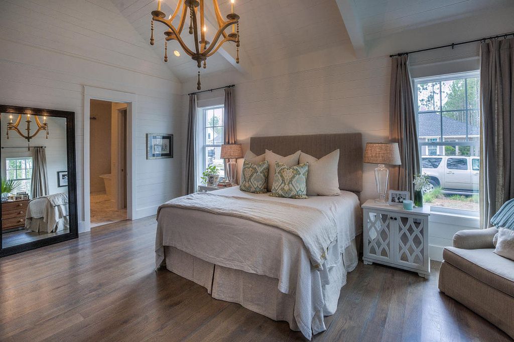 Country Master Bedroom with Exposed beam & Chandelier in Rosemary Beach ...