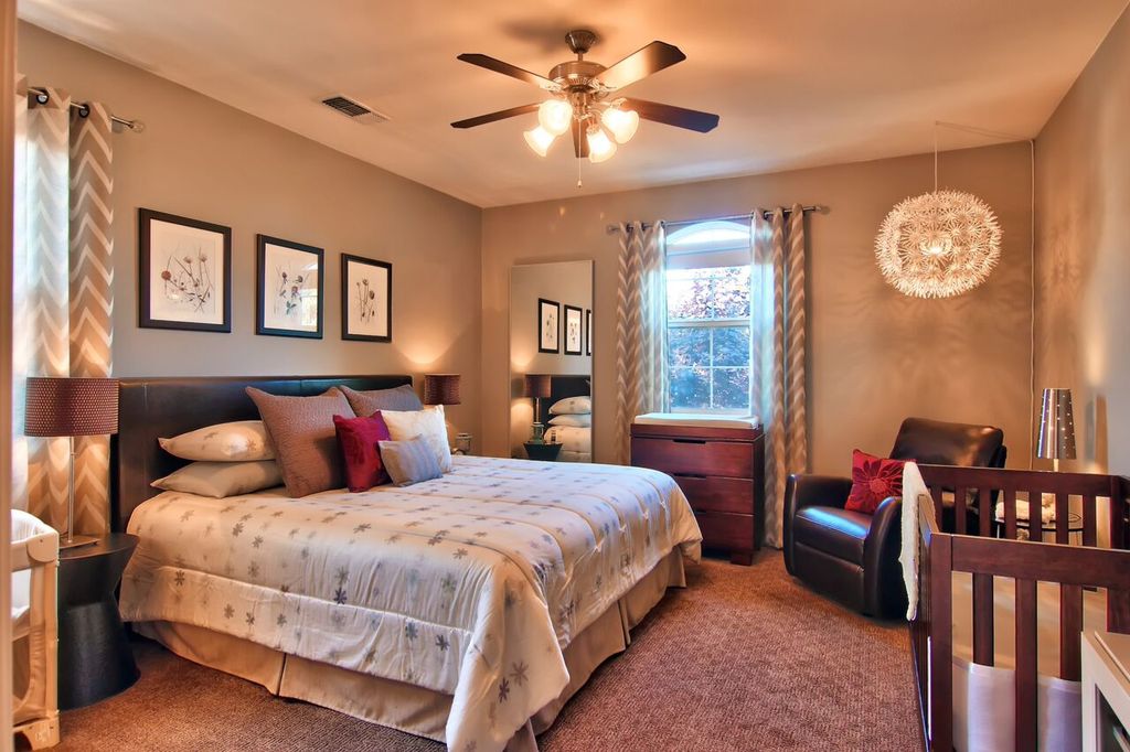 Master Bedroom With Flush Light Ceiling Fan In Sacramento Ca Transitional Master Bedroom With Ceiling Fan Flush Light Carpet